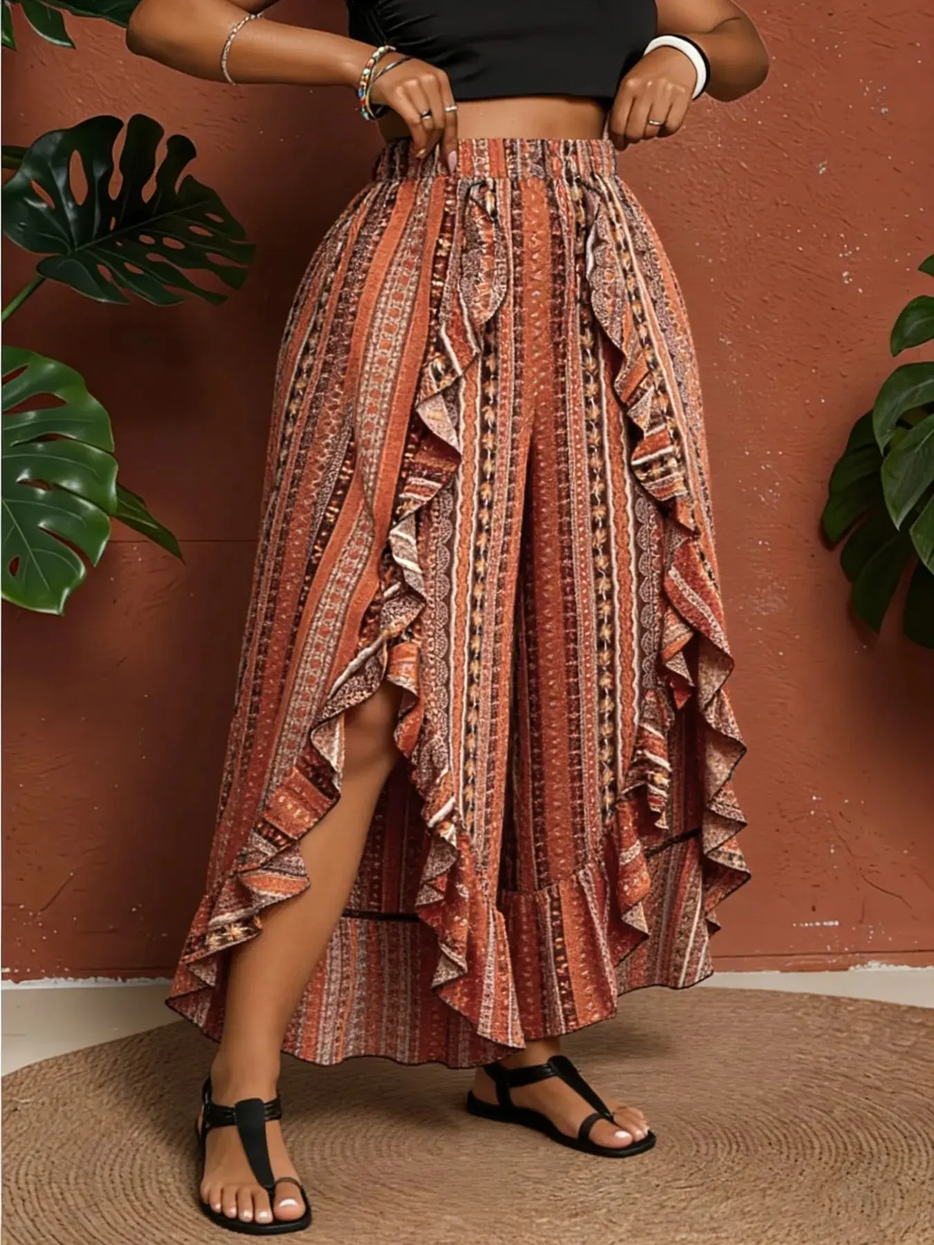 [Plus Size] Ethnic Pattern Ruffle Trim Split Hem Pants, Boho Elastic Waist Trousers for Daily Holiday Vacation Wear, Women's Bottoms for Summer, Bohemian Style, Boho Casual Trousers, Boho Casual Clothes
