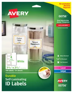 Avery Easy Align Self-Laminating ID Labels, Permanent Adhesive, 2-5/16" x 3-5/16", 100 Labels (00756)