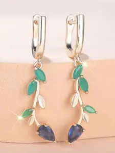 BlueSynthetic Crystal Water Drop Stone Pendant Green Jade Leaf Hoop Earrings For Women Vintage Gold Color Ear Buckle Wedding Jewelry Gift