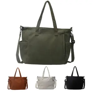 Solid Color Corduroy Tote Bag for Women Spacious Multi-Pocket Shoulder Handbag with Adjustable Strap