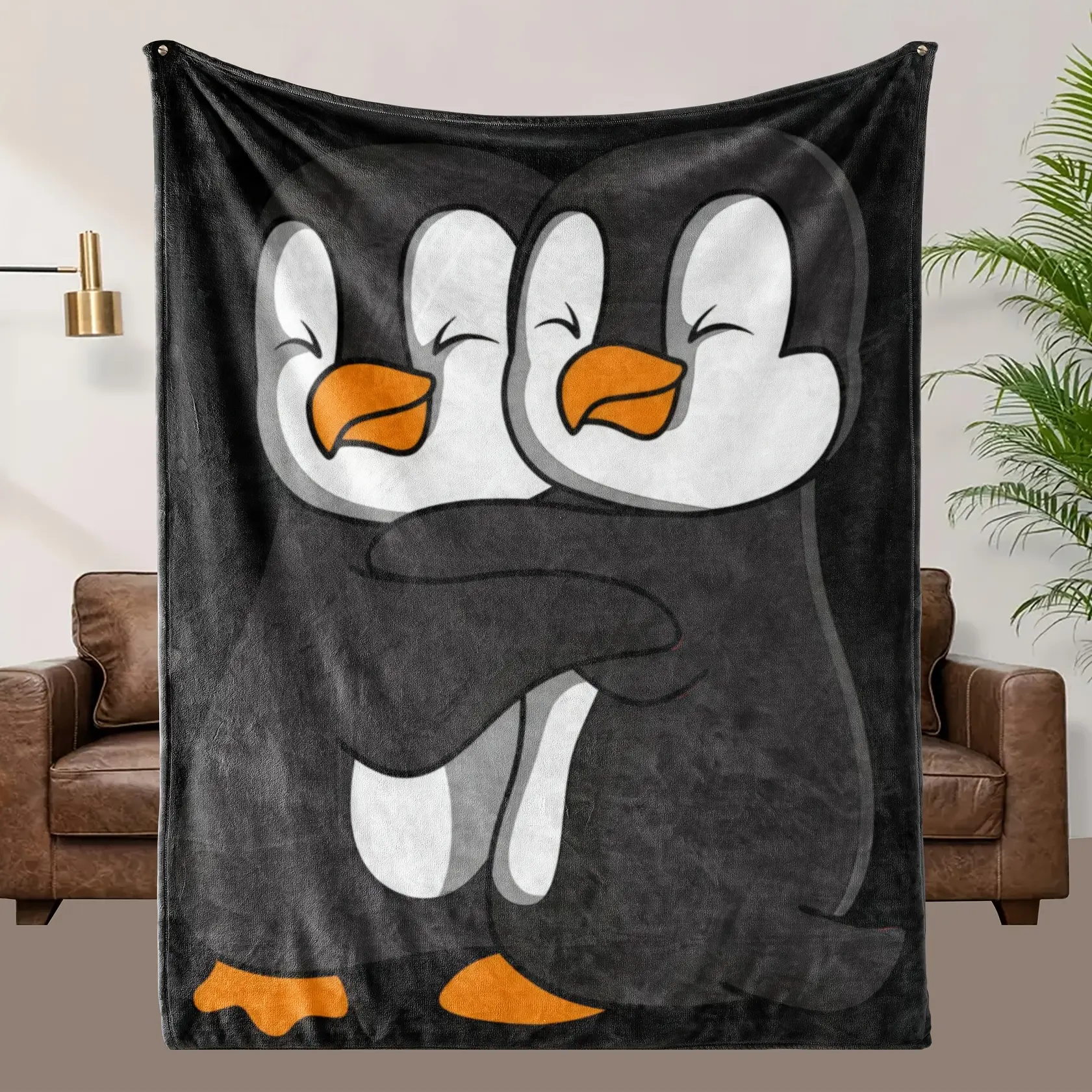 Cute Hugging Penguin Flannel Cloud-Like Ultra-Plush Throw, Fluff Graphic Warmth Throw for Couch Bed, Ideal Gift for Animal Lovers & Home Decor, All-Season Breathable, Cloud-Like Plush Throws, Fluff Throws