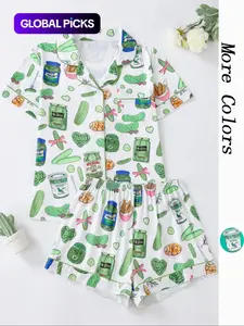 2-Piece Vegetable Print Women's Pajama Set, Button-Up Short Sleeve Top and Comfortable Shorts, Elegant Sleepwear, Loungewear and Homewear for All Seasons Pjs Womenswear