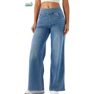 Women Sweatpant Jeans,Sweatpants That Look Like Jeans,High Waisted Stretchy Pull On Wide Leg Denim Pants with Pockets Womenswear Trouser