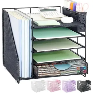 Desk Organizer with Drawer and Pen Holder, 5-Tier Paper Letter Tray Organizer with File Holder, Suitable for Workspace Organizer Office Supplies Storage (Black)