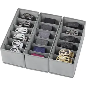 3 Packs Fabric Belt Organizer for Closet and Drawer, Foldable 6 Grids Dresser Drawer Organizers, Belt Tie Holder, Tie Box-Grey