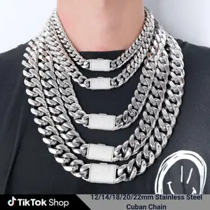 12/14/18/20/22mm Men's Silver Color Necklace Stainless Steel Cuban Link Chain for Unisex Basic Chokers 18-32inch