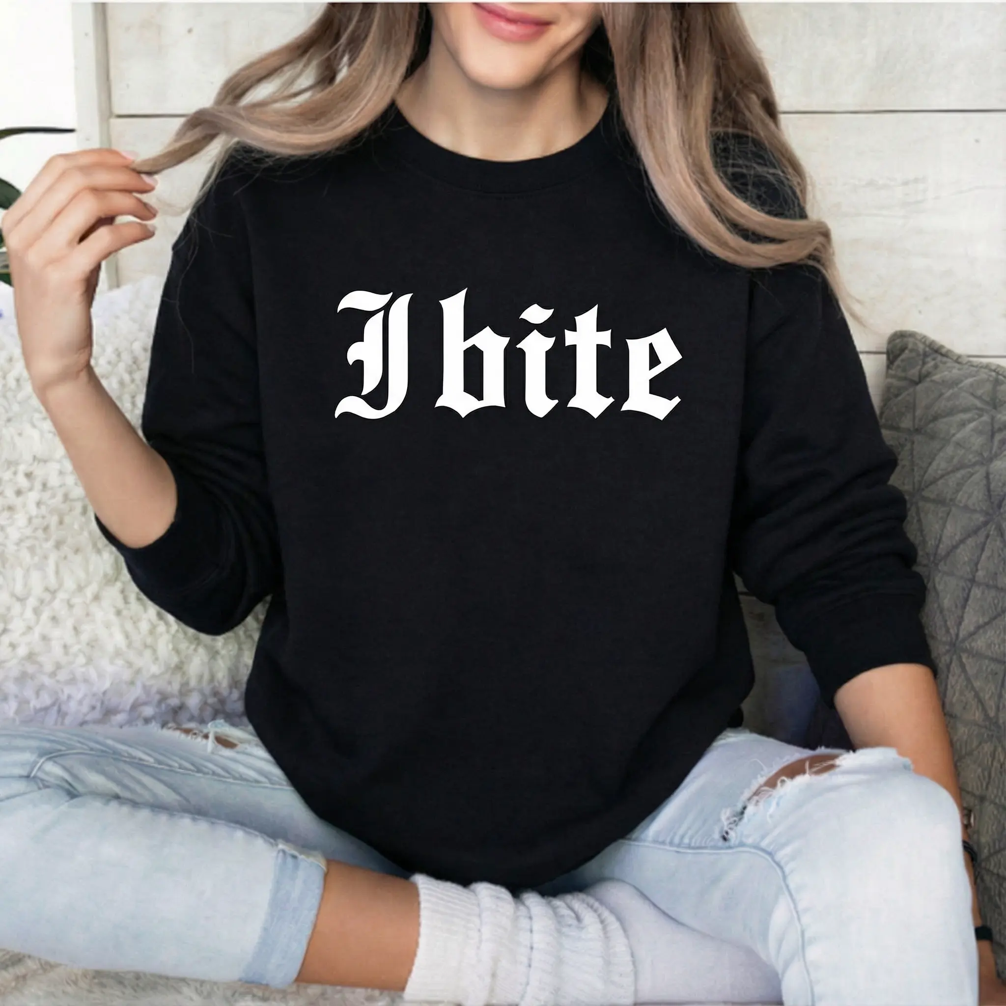 Women's Gothic "I Bite" Cotton Fabric Long-Sleeve Crewneck Sweatshirt - Comfortable, Sarcastic Meme Humor Fashion Pullover, Funny Casual Gift For Her