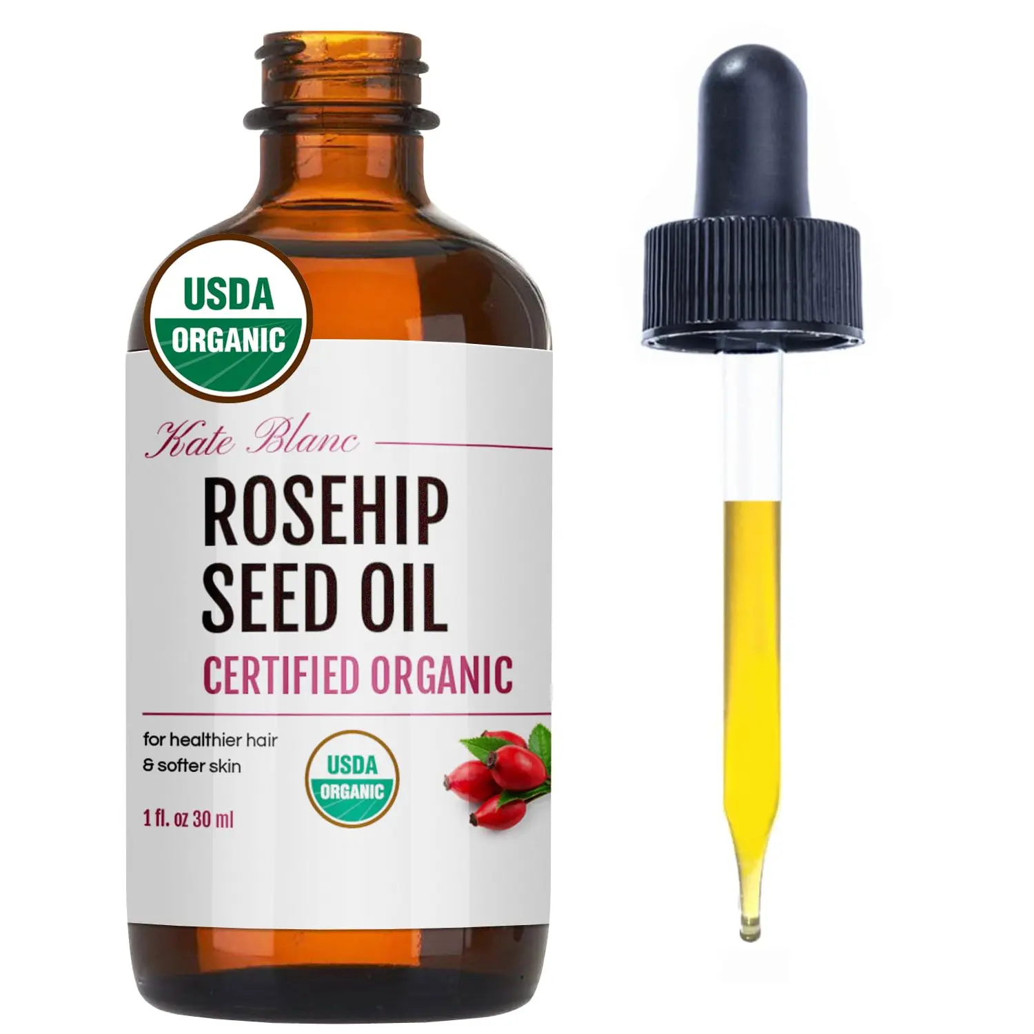 Kate Blanc 100% Pure Organic Rosehip Seed Oil for Face, Skin & Hair — Cold Pressed Unrefined Facial Oil for Glowing Skin | USDA Certified | Rich in Vitamins A & C (1oz)
