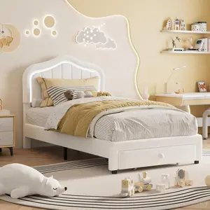 Upholstered Twin Bed Frame with LED Lights - Velvet Storage Bed with Headboard & Noise-Free Slats for Kids/Teens (No Box Spring Needed),White