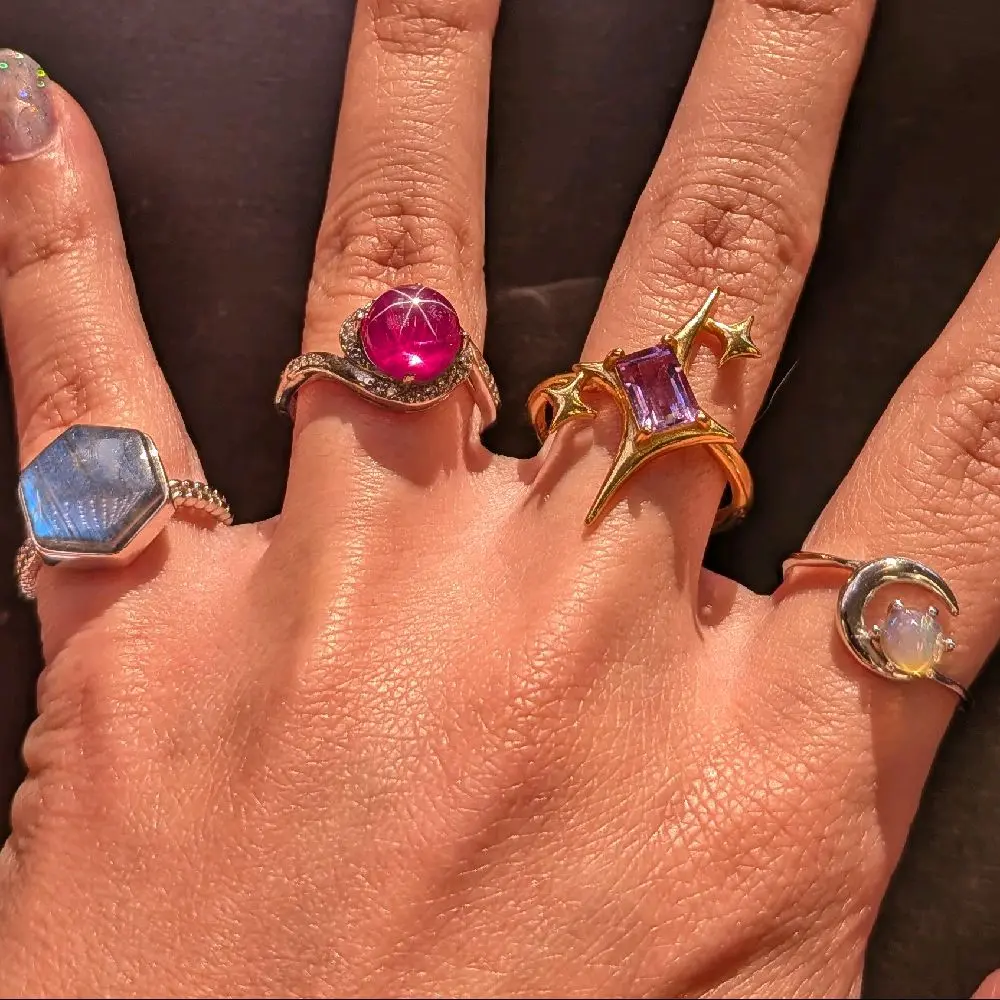 Elara’s Picks: Crystal 925 Sterling Silver Rings with Adjustable Bands, Fit Sizes 5-9, Intention Jewelry, Cute and Dainty, Moonstone, Opal, Rose Quartz