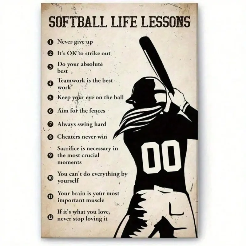 Vintage Style Baseball Metal Wall Sign 8x12 Inches with Pre-Drilled Holes, Inspirational Softball Life Lessons Tin Sign for Bar
