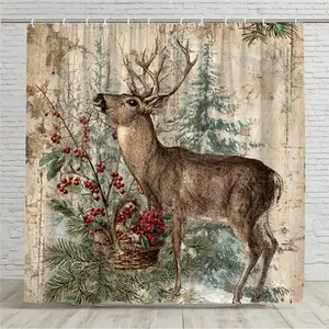 Vintage Deer & Pinecone Berry Shower Curtain, Rustic Winter Forest /cream/wine Bathroom Decor, (70.8x70.8 Inches)