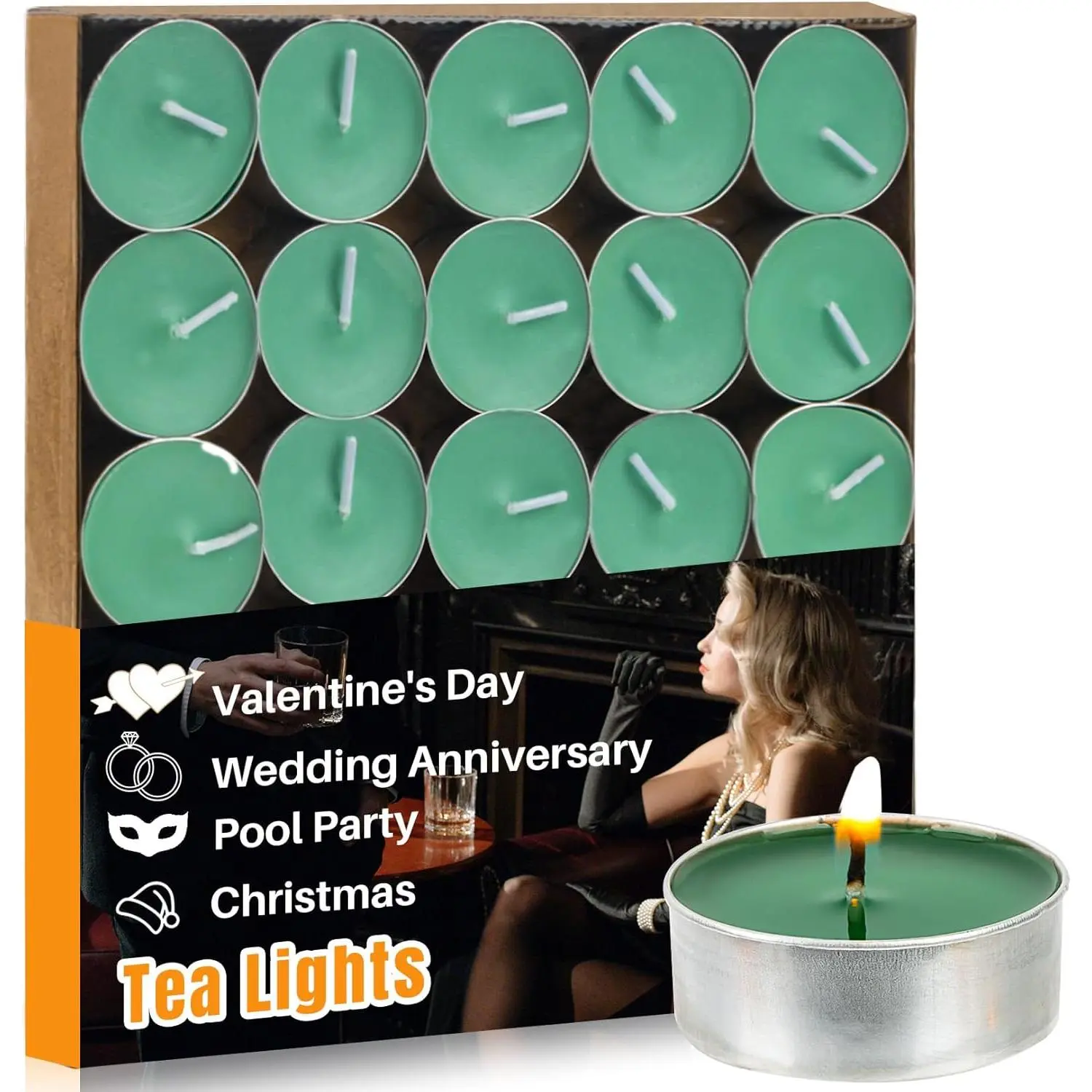 25 count Green  Lights Candles Set - Mini Votive Tealight Candles  Candle with Cotton Wick for Home,Pool,Shabbat,Wedding,,Christmas