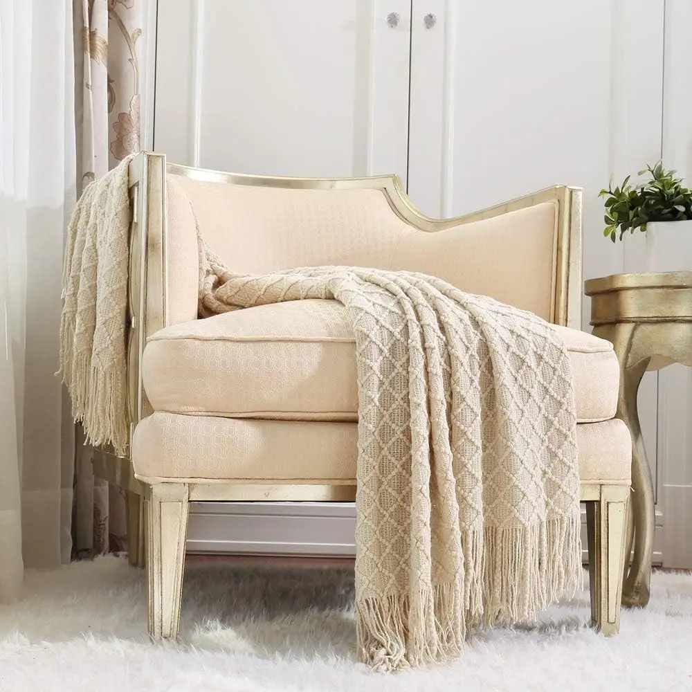 CREVENT Knitted Soft Warm Throw Blanket with Long Fringes, Cozy Warm Blanket, Lightweight Soft Decorative Bedroom Blanket for Sofa, Couch and Bed, Soft Living Room Home Decor, All-Season Use, 50"x60"