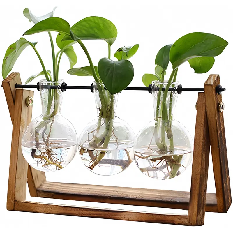 3-Bulb Heat-Safe Glass Vase Terrarium with Wooden Stand - Metal Swivel Holder, Desk-Size 5.5" W, Hydroponic, for Birthday, Thanksgiving, Artificial Flowers, Home Decor