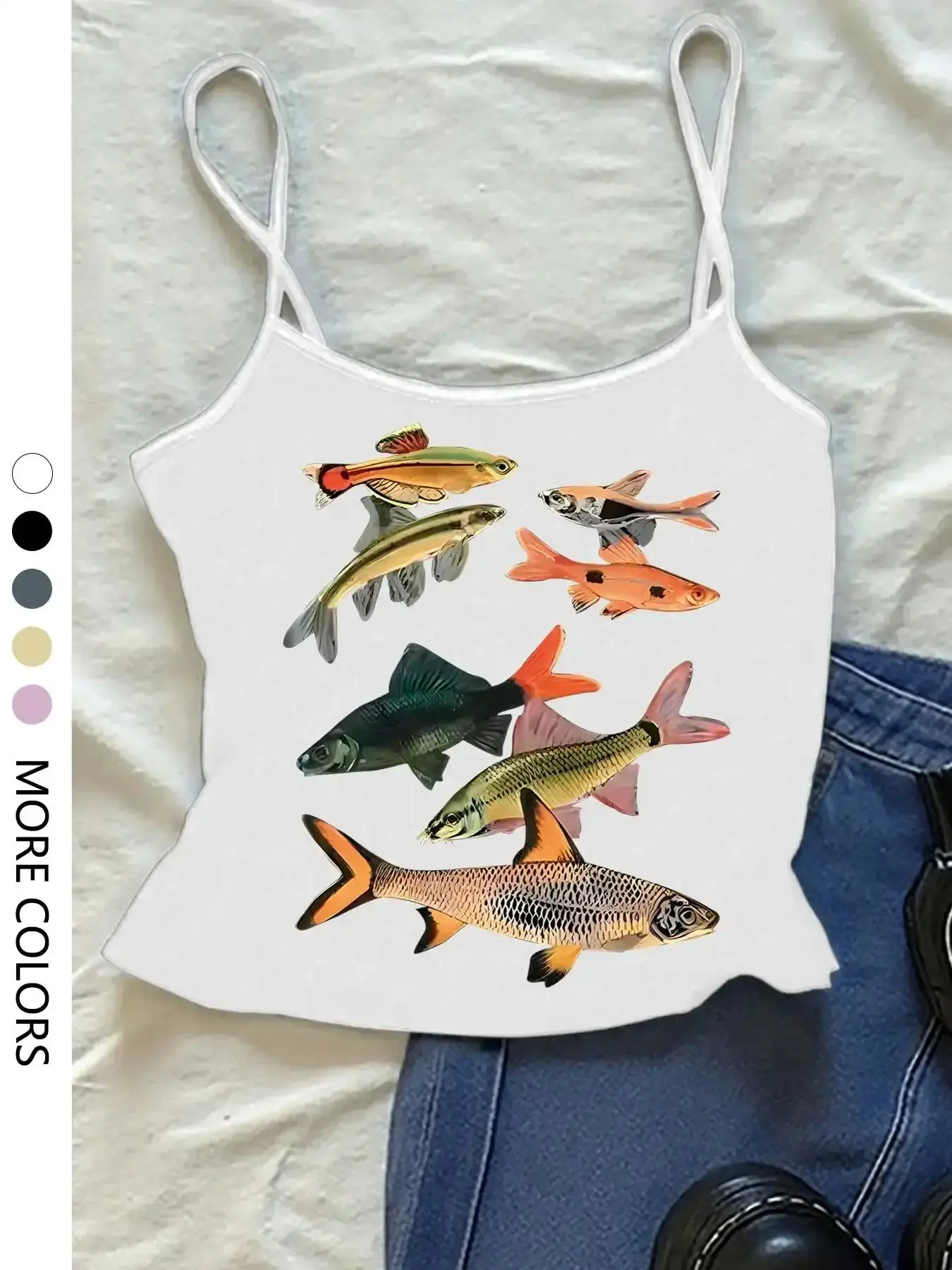 Women's Casual Funny Fish Print Tight-Fit Tank Top, Camisole Spaghetti Strap, Sweet Spicy Sleeveless Design, Thin Fabric Summer Home Wear, Stylish Crop Trendy Look, Fashion, Womenswear essentials timeless aesthetic