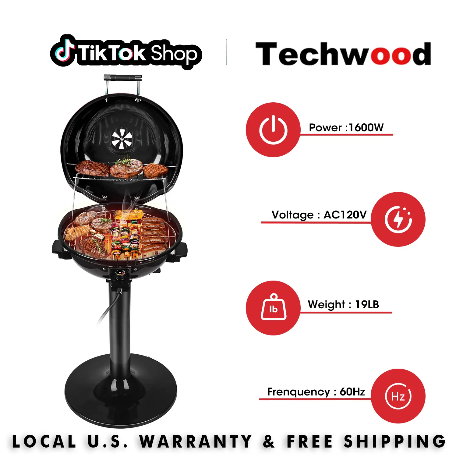 Techwood 1600W Corded Electric BBQ - 15-Serving Smokeless Indoor Grill, Fast-Heating Nonstick Large Grilling Surface, Double Layer, Circular Top, Portable Barbecue Grill with Removable Stand for Family Use,SummerFinds