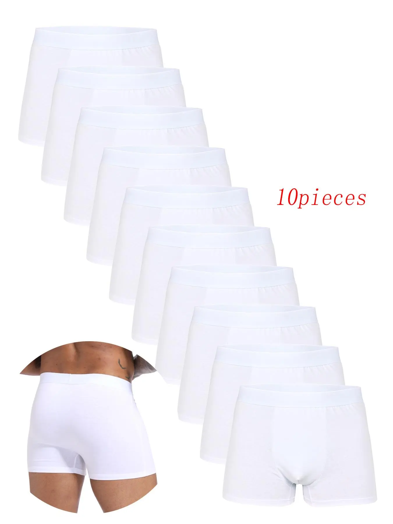 10-Piece Men's White Plain Minimalist Classic Fitted Boxer Shorts, Breathable Polyester Fabric Casual Comfy Underwear Underwear Boxers