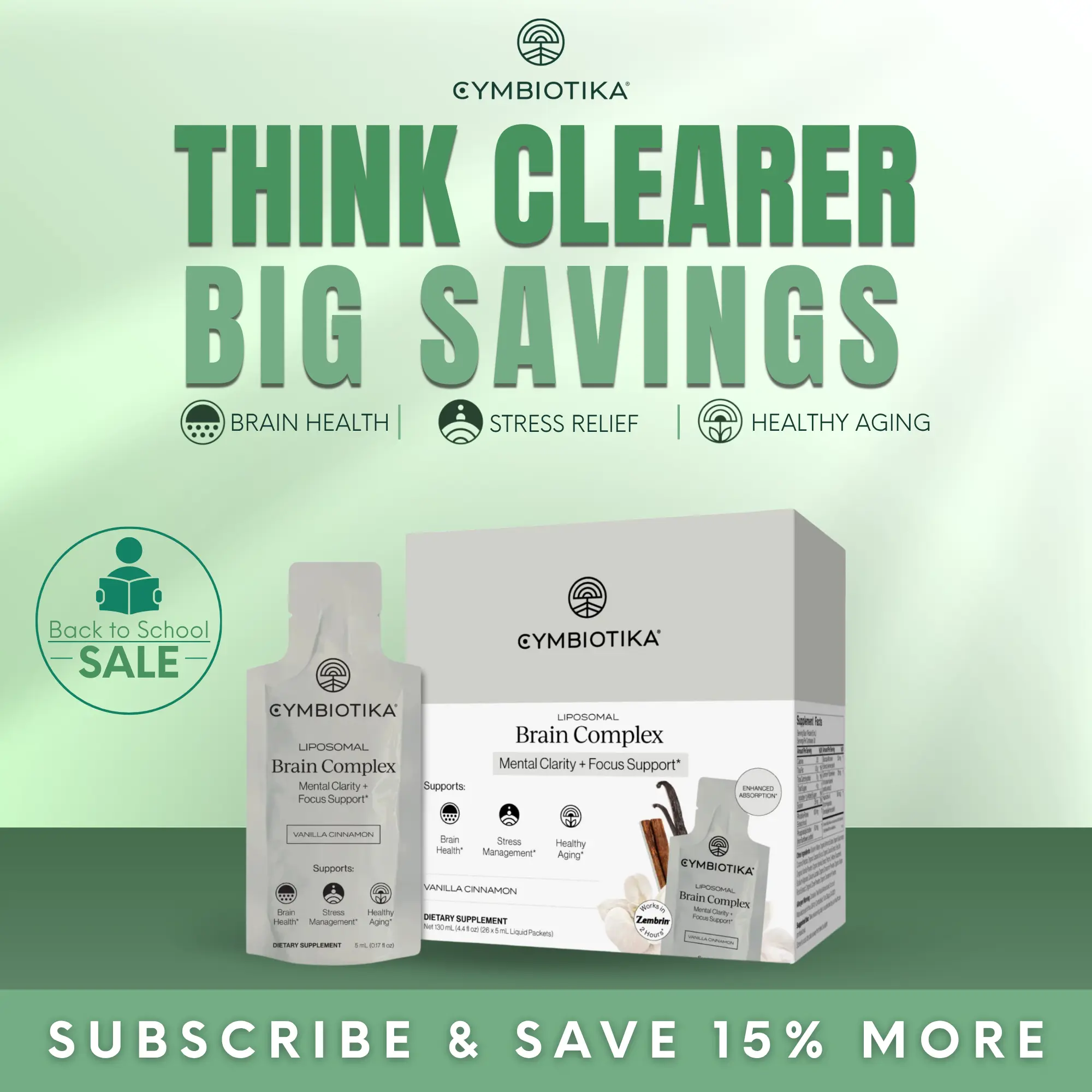 Liposomal Brain Complex | 26 Packets | 25% Better Focus & 27% Less Stress | Memory, Clarity & Healthy Brain Aging | Clinically-Studied Zembrin | Rhodiola, Bacopa & Huperzine A | Plant-Based | Third-Party Tested