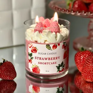Sugar Candle Strawberry Shortcake Soy Candle Handmade Dessert Candle Sweet Strawberry Scent Gift for Her Vegan Cruelty-Free Natural Soy Wax 10 oz - Fragrance, Decor