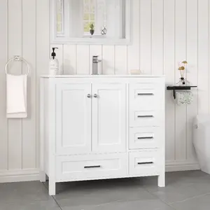 Bathroom Vanity with Sink, Modern White Sink Cabinet with Doors & Drawers, Soft-Close Hinges & Silver Metal Handles