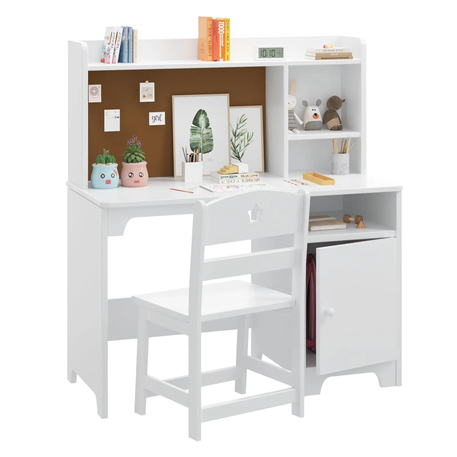 Garvee Children's Desk Set - Multifunctional Kids' Study Table & Single Ergonomic Chair, Adjustable Height, Open Shelf, Drawer, Cork Board Ideas, Storage Space, Smooth Surface for 3+ Year-Old Students (White, Party Use), Parties
