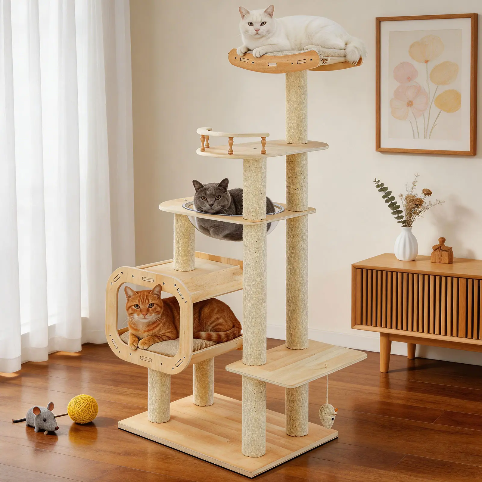 【Summervibes】Modern Heavy-Duty No-Drill Cat Tree – Solid Wood Multi-Story Board, 4-Story Multi-Column Cat Tower, 57.9” for Multi-Cat Households, Open Condo, Space Capsule & Perch, Natural Wood Indoor Pet Furniture