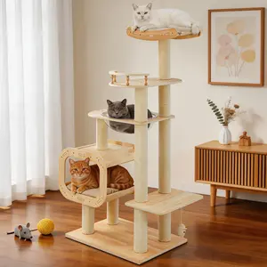 Modern Heavy-Duty No-Drill Cat Tree – Solid Wood Multi-Story Board, 4-Story Multi-Column Cat Tower, 57.9” for Multi-Cat Households, Open Condo, Space Capsule & Perch, Natural Wood Indoor Pet Furniture