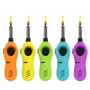 Taughch Pack of 5 Colorful Long Neck Mini Handy Candle Lighters, Extended Wand, Safety Lock, Butane Gas Refillable, Piezo Ignition, for Kitchen Stove, Outdoor Use (Butane Included, Kitchen Utensil Fire Tool)
