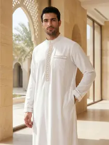 Islamic Traditional Men's Stand Collar Long Robe, Collared Style Thobe, Geometric Embroidery, Casual Loose-Fit, All Seasons, Gift Idea