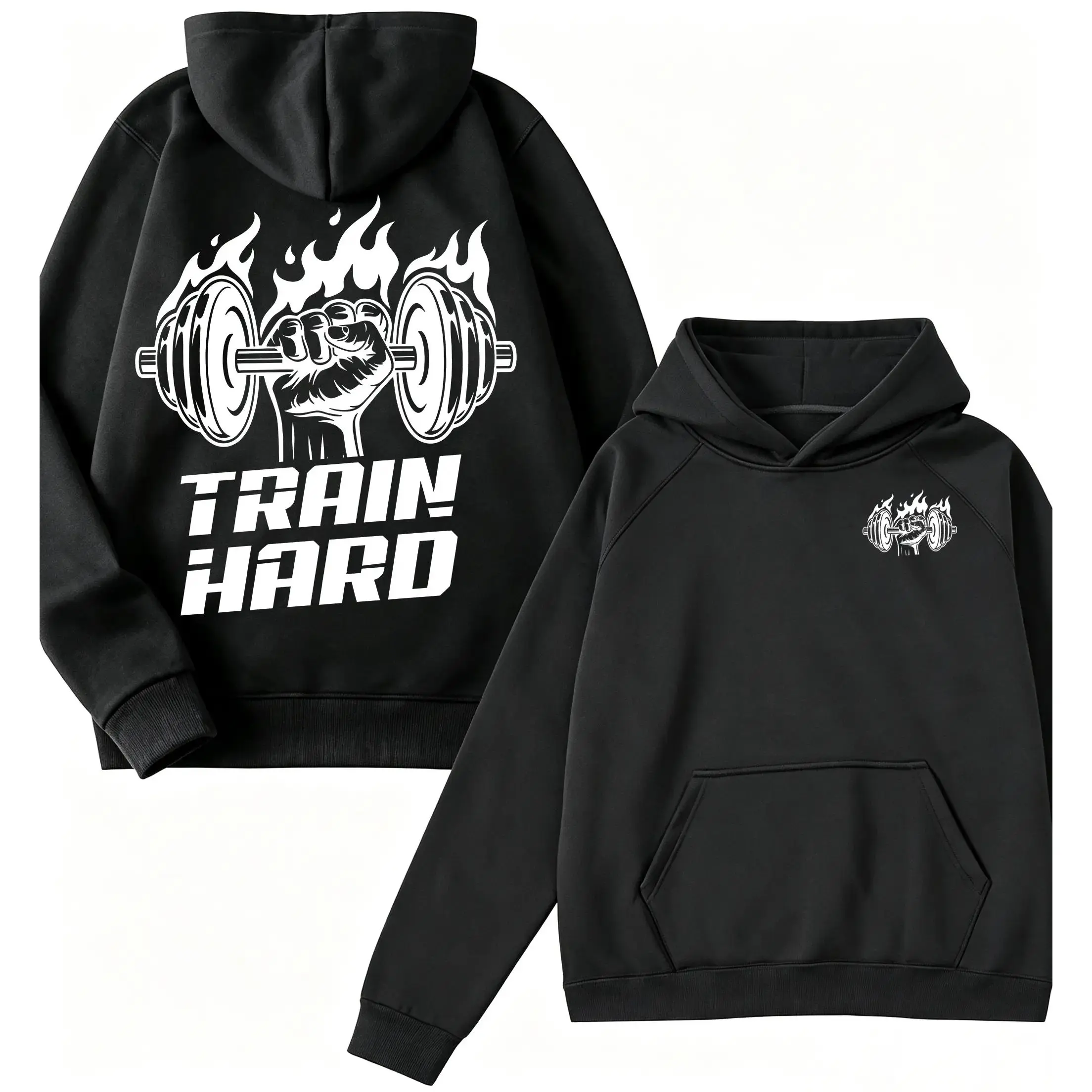 Train Hard Gym Hoodie Men, Flame Dumbbell Weightlifting Graphic Hoodie, Workout Fitness Pullover Hooded Sweatshirt For Bodybuilding