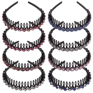 8 Pieces Rhinestone Teeth Comb Headbands, Non-Slip Hair Band Hair Accessories for Women Girl, 2 Styles - Flower, Wave, Headband, Multicolor, Plastic