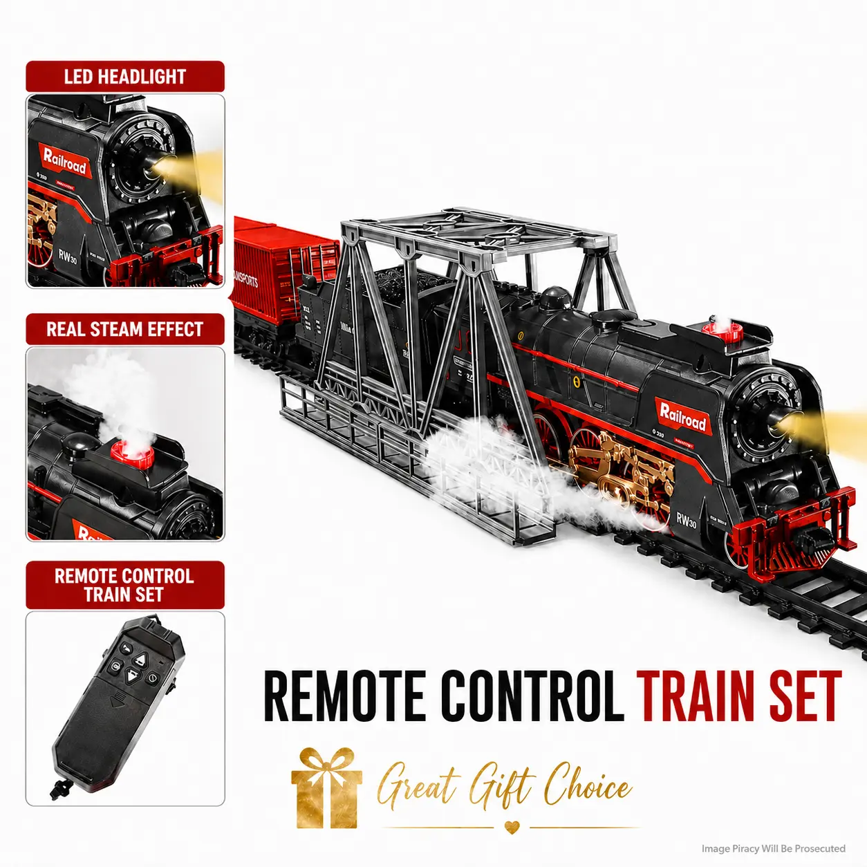 Remote Control Train Set with Bridge Track, Steam Mist Electric Railway Toy with Lights & Sound Effects for Kids Christmas Gift