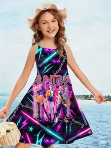 Girls Kpop Summer Strap Dress, Cyber Neon Light Saber Element Sleeveless Dress, 3D Creative Print Casual Slim-Fitting Dress
