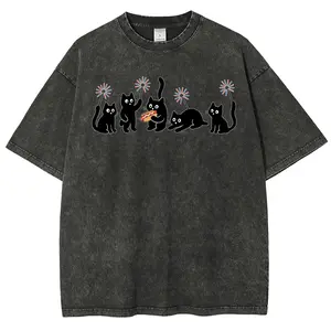 Independence Day 4th Of July Black Cat Fireworks T-Shirt, Vintage Washed Heavyweight Stone Wash Oversized Tee, Funny Patriotic Cat Shirt, Gift For Cat Lovers