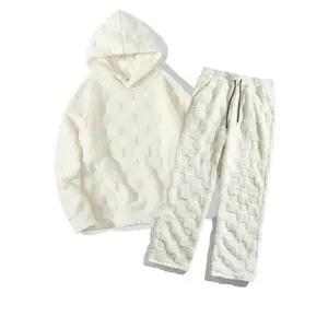 Men's Plush Fluffy Checkered Tracksuit, Hoodie & Joggers Set, Soft Fluffy Fabric, Casual & Lounge Wear, Textured Sweatsuit