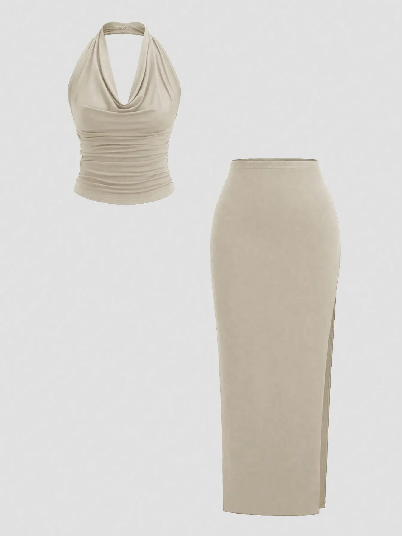 Women's Sleeveless Draped Cowl Neck Halter Top & Side Slit Midi Skirt Set, Casual Everyday Set, Ruched Waist, Elasticated Waistband, High Stretch Jersey Knit Fabric, Daily Casual Vacation Party Wear, Elegant Chic Style, Womenswear Clothes