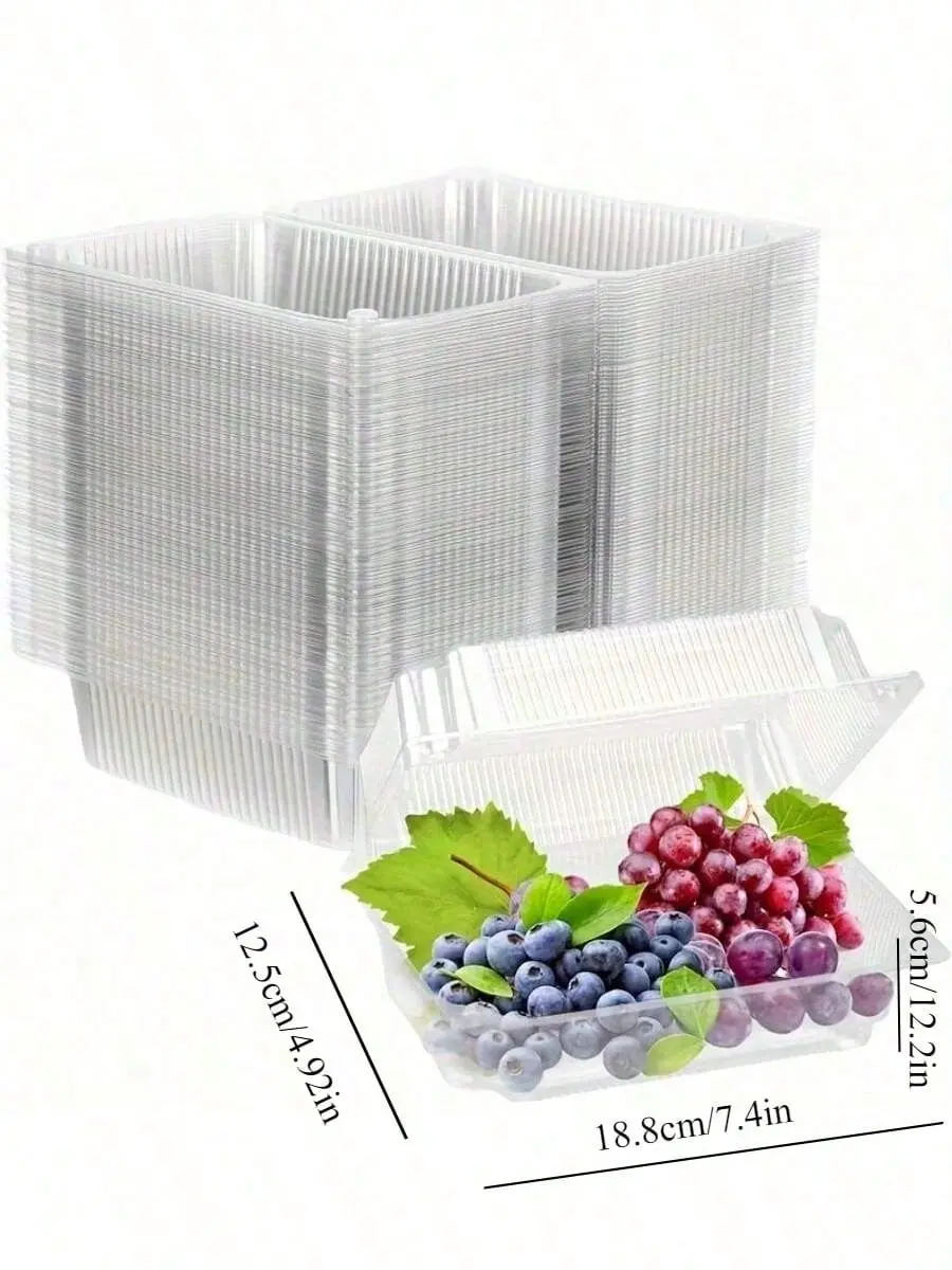 Disposable Clear Plastic Fruit Clamshell Containers, Vented Produce Berry Boxes with Hinged Lid, Stackable Transparent Food Storage Trays for Blueberry Grape Strawberry Salad