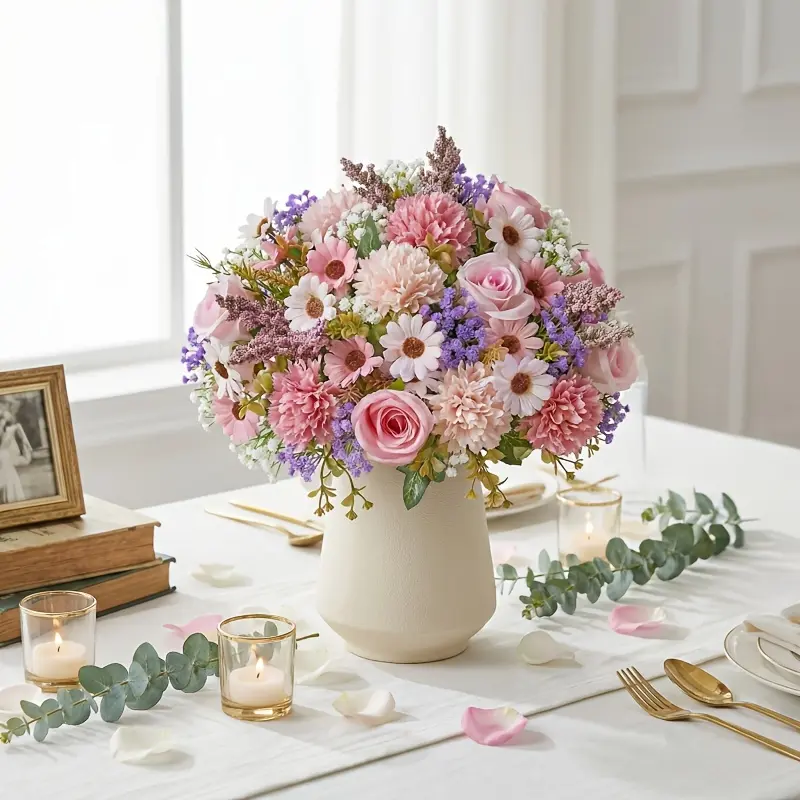 Artificial realistic rose bouquet with a lifelike combination of pink and white greenery, no-maintenance artificial flowers, Artificial Roses Bouquet, suitable for weddings, home, office, Valentine's Day, Mother's Day, and anniversaries