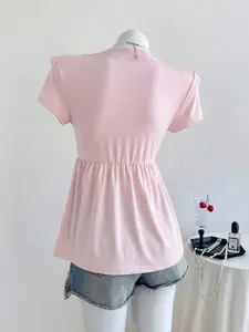 Women's Casual V-Neck Wrap Top, Knitted Short Sleeve with Contrast Lace Trim and a Slim Fit Asymmetrical Hem, V-Neck Cut