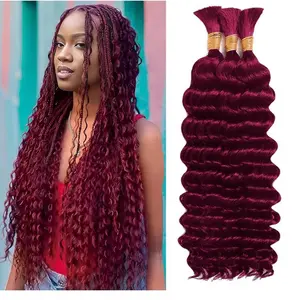 Human Braiding Hair for Boho Braids Human Hair 3 Bundles/Pack 110g 16 Inch Deep Wave Bulk Human Hair for Braiding Curly Knotless 12A Brazilian Virgin Burgundy