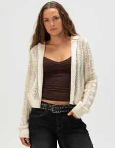 RSQ Womens Open Knit Zip-Up Hooded Sweater