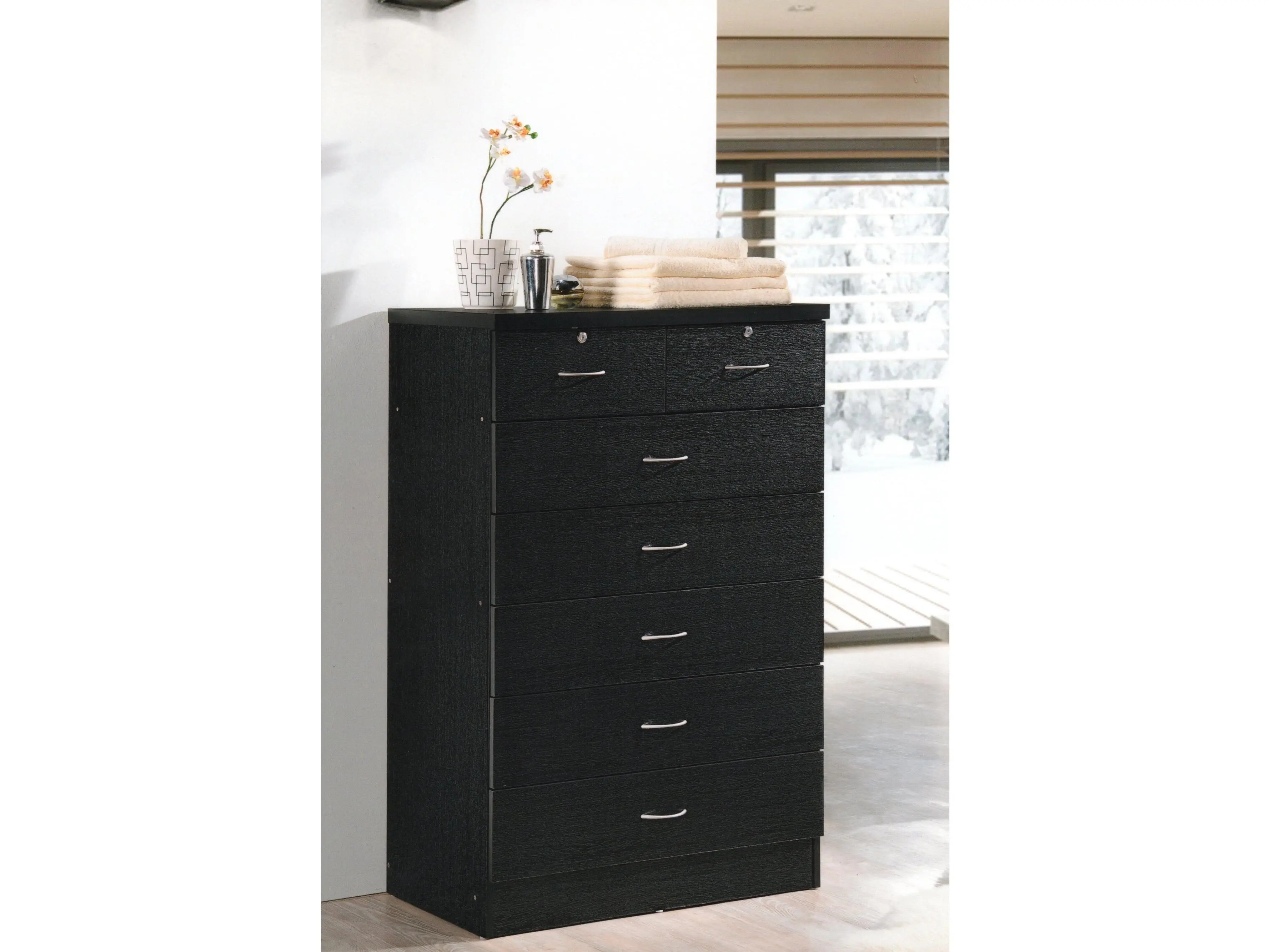 Hodedah Wood 7-Drawer Jumbo Chest, 17.7 x 32 x 48.2 in Storage Cabinet, Fits Within a Frame, Features Support Under Each Drawer