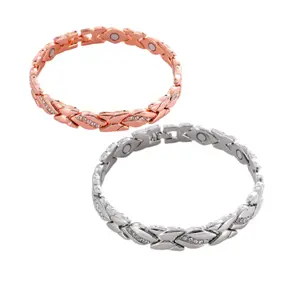Set of 2 Women's Leaf Bracelets (Gold & Silver-Tone) — Diamond-Accented Pure Copper Magnetic Therapy Bracelets with Built-in 3500-Gauss High-Strength Magnets; Stylish Casual Accessories, Large Size (7.48–9.45 inches) — Mother's Day Gift