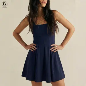 AUTOMET Women's Basic Minimalist Square Neck Sleeveless A-Line Mini Dress - Navy Blue Polyester Blend, Machine-Washable Casual Wear, Womens Dresses, A-Line Casual Dresses