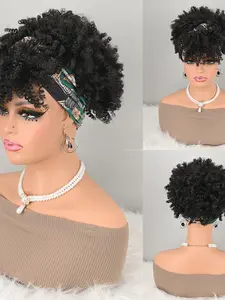 Short Afro Curly Wig with Geometric Print Headwrap, Synthetic Hair, Easy Wear Turban Style, Medium Length, All Seasons