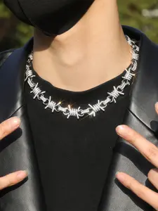Silver Plated Iced Barbed Wire Chain Necklace Cubic Zirconia Heavy Bling Barbed Cuban Punk Streetwear Gift
