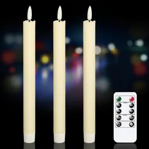Flameless  Taper Candles Flickering with 10-Key Remote,  Operated Led Warm 3D Wick Light Window Candles Real Wax Pack of 3, Christmas  Wedding Decor(0.78 X 9.64 Inch)