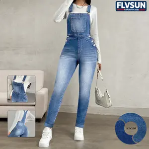 Flvsun Women's Cute Vintage Fit Denim Jean Overall, Medium Blue Washed Sleeveless Skinny Leg Jumpsuit with Adjustable Straps, Front Bib Pocket, and Button Details for Everyday Wear