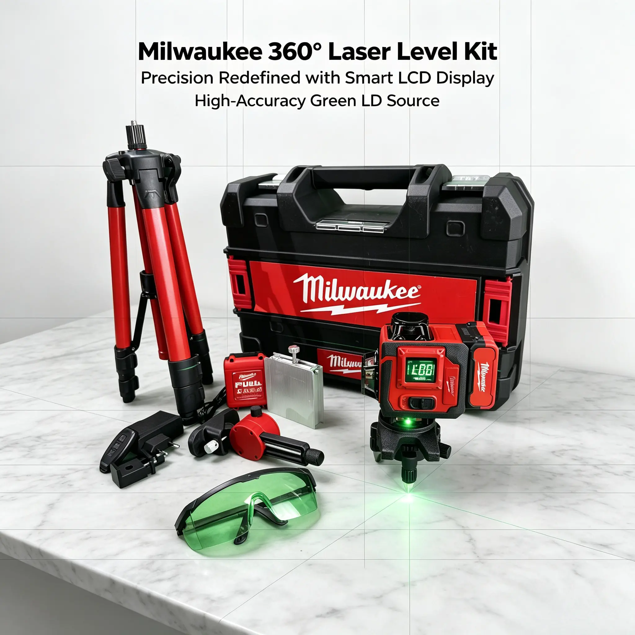 Milwaukee 360° Model Rotary Laser Leveler Kit with Tripod & Safety Glasses, High-Visibility Laser Level Tool for Outdoor Construction, Indoor Renovation, Tile Installation